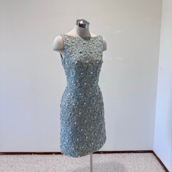 Royal Cathay Vintage Powder Blue Knit Floral Sequin Beaded Dress Size Small - Picture 8 of 9